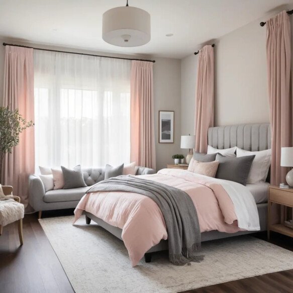 Blush Pink Curtains with Grey Throw Rugs