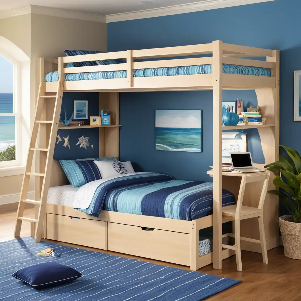 Coastal Bunk Beds with Built-In Desks