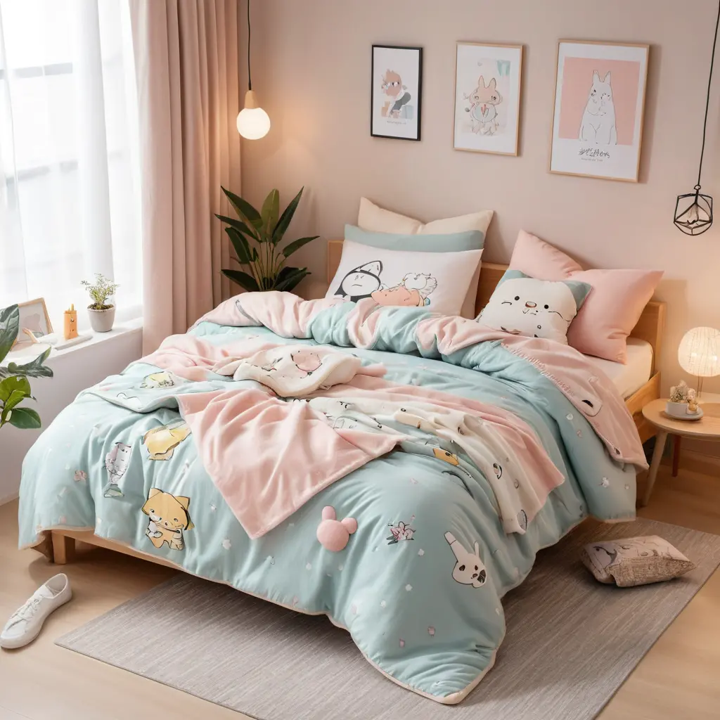 Cozy Bed with Soft Throw Blankets