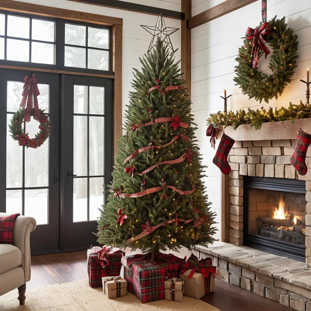 Farmhouse Tree with Plaid Ribbon