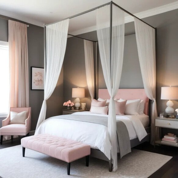 Grey Canopy Bed with Pink Linens