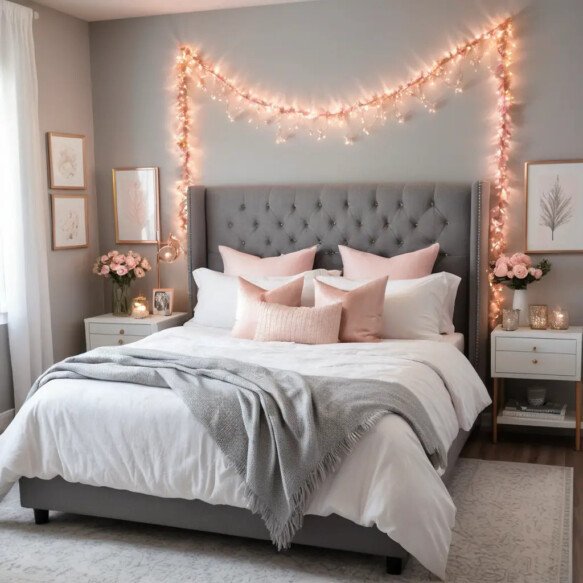 Grey Headboard with Pink Fairy Lights