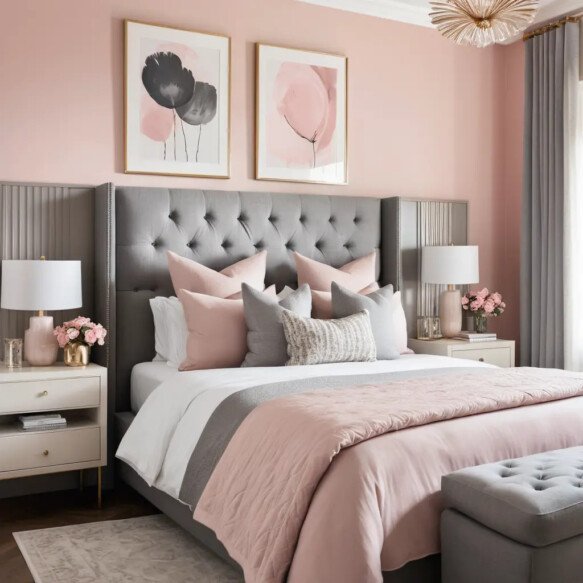 Grey Headboard with Pink Wall Art