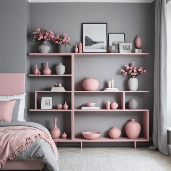 Grey Shelves with Pink Decor Items