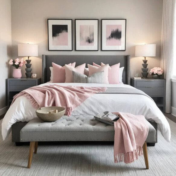Pink Pillows with Grey Accent Bench