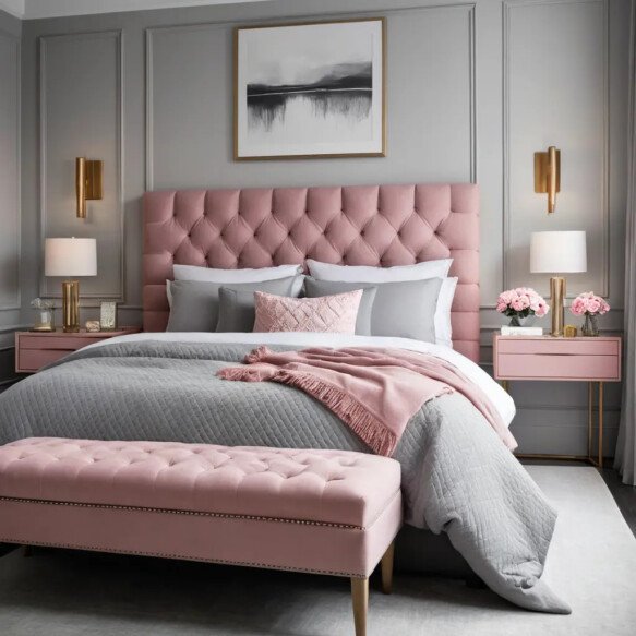 Pink Quilted Headboard with Grey Bedding