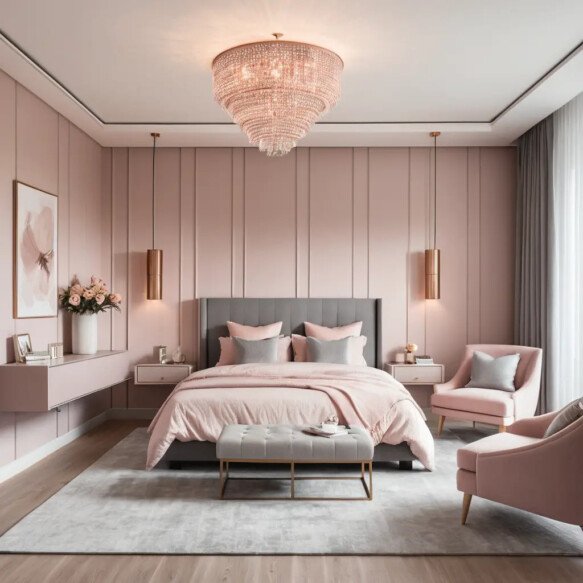 Pink Wall Panels with Grey Furniture
