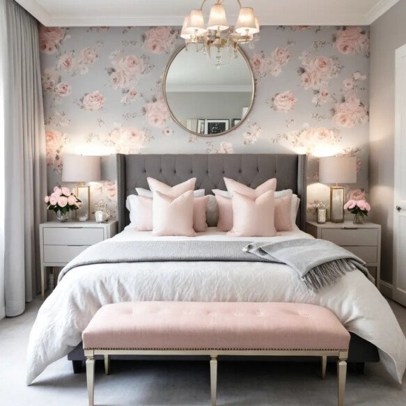 Pink and Grey Floral Wallpaper