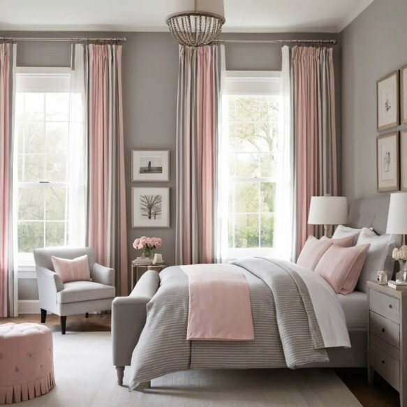 Pink and Grey Striped Curtains