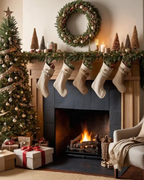 Rustic Tree Skirt on the Mantel