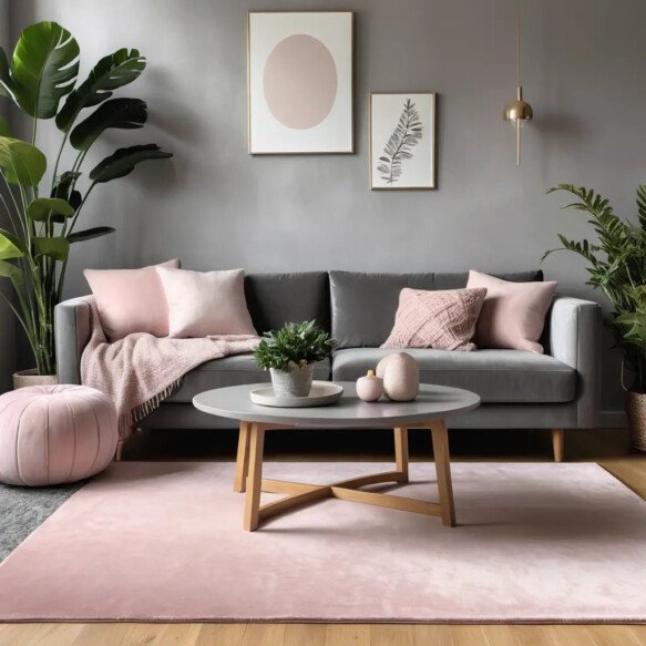Soft Pink Throw Pillows with Grey Sofa