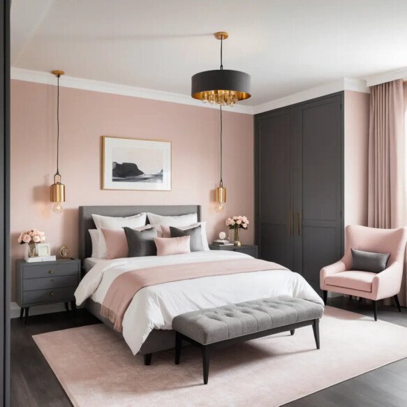Soft Pink Walls with Dark Grey Furniture