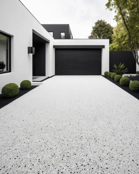 White Concrete Pavers with Black Gravel Fill