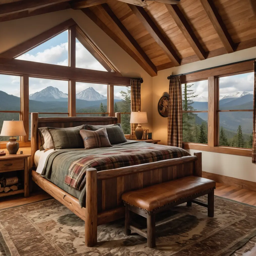 A Cabin-Inspired Bedroom with a Mountain Theme