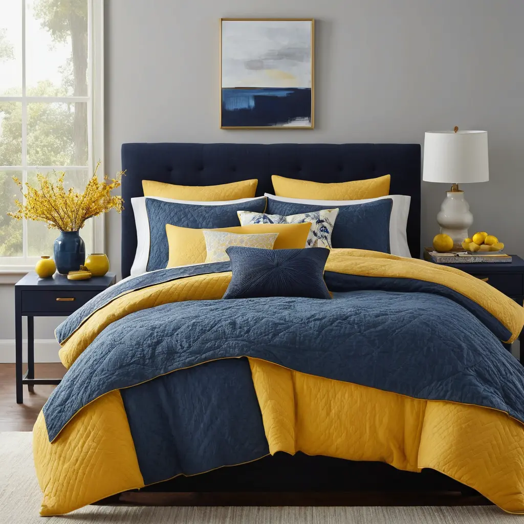 Blue Bedding with Yellow Quilted Throws