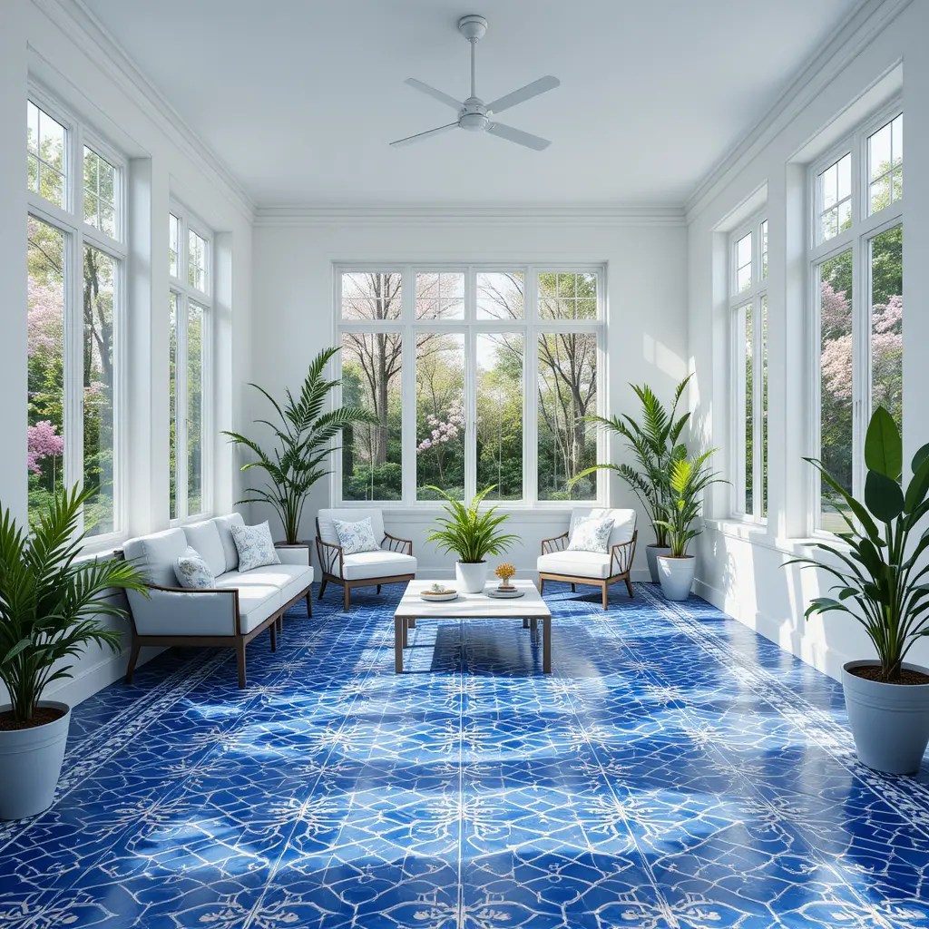 Blue Tiled Floor with White Walls
