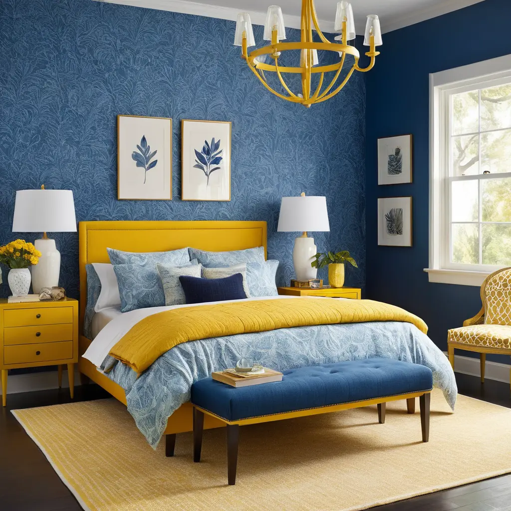 Blue Wallpaper with Yellow Furniture