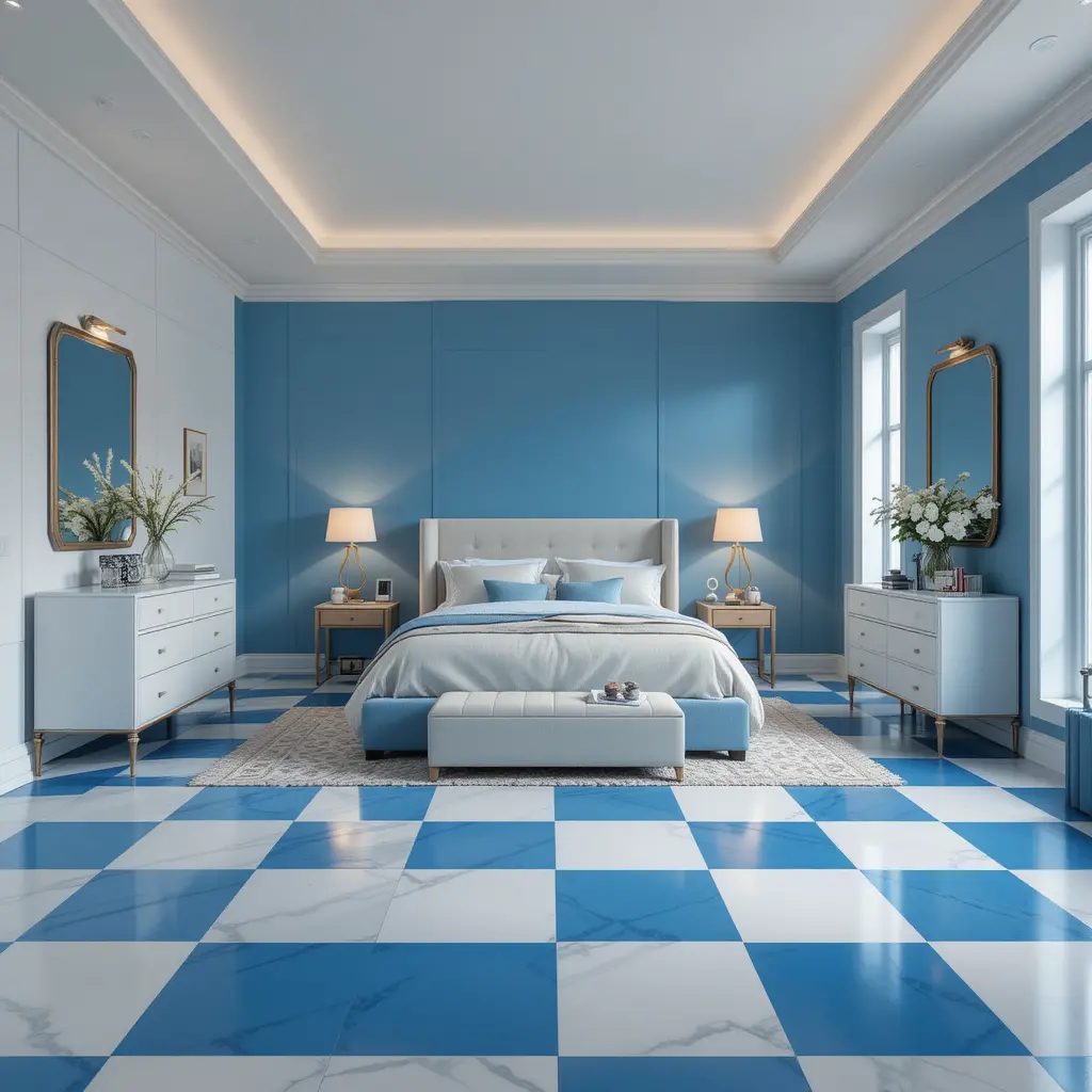 Blue and White Checkerboard Flooring