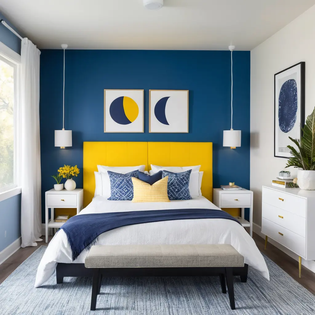 Blue and Yellow Accent Walls with White Furniture