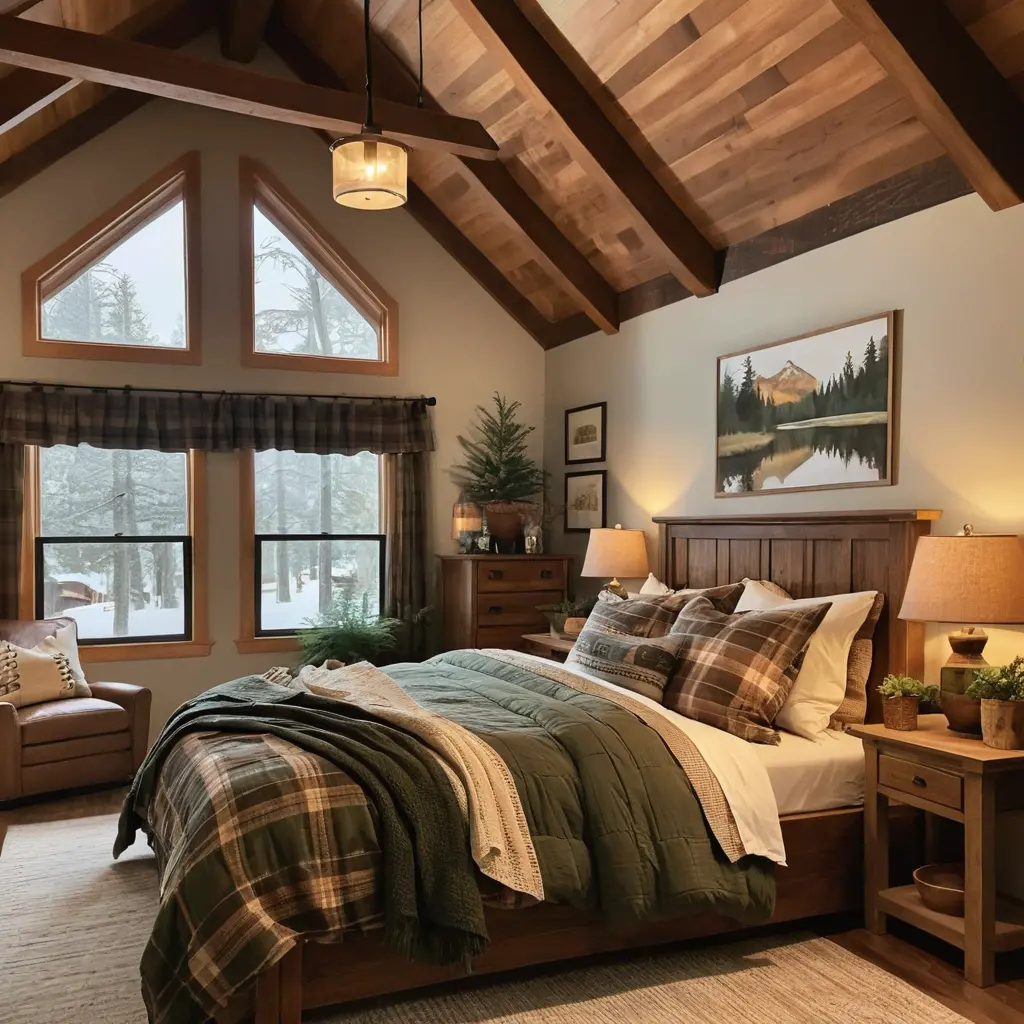 Cabin Bedroom with Cozy Bedding and Pillows