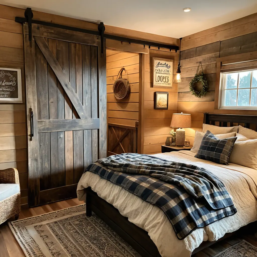 Cabin Bedroom with a Barn Door