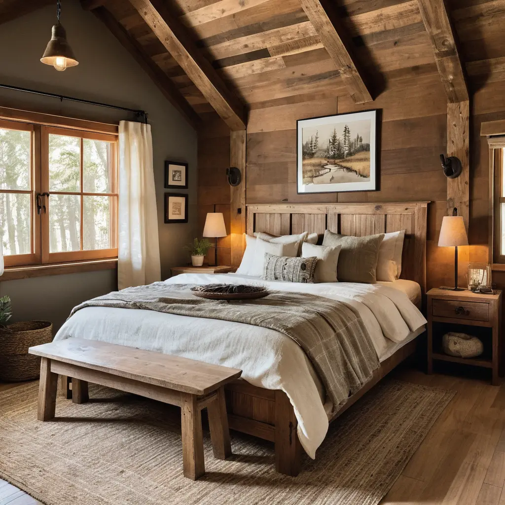 Cabin Bedroom with a Large Wooden Headboard