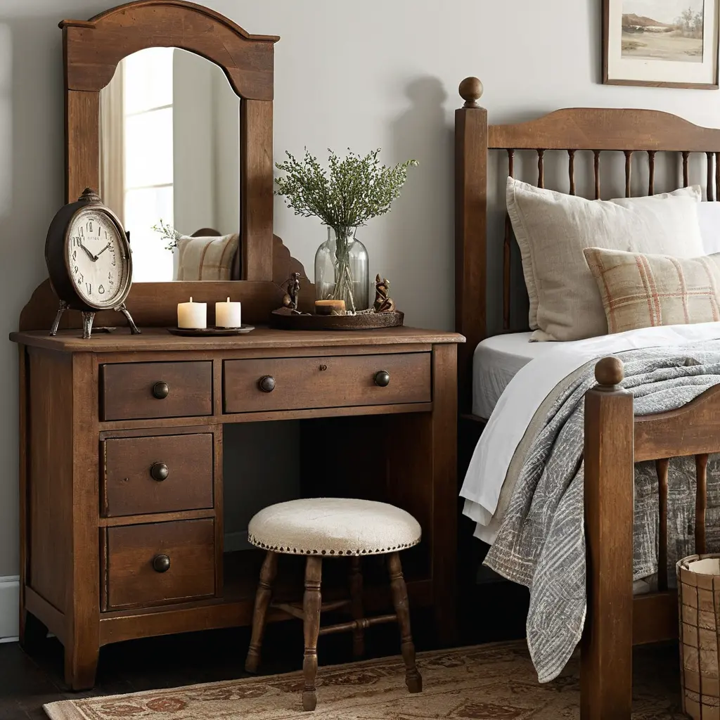 Cabin Bedroom with a Vintage Vanity