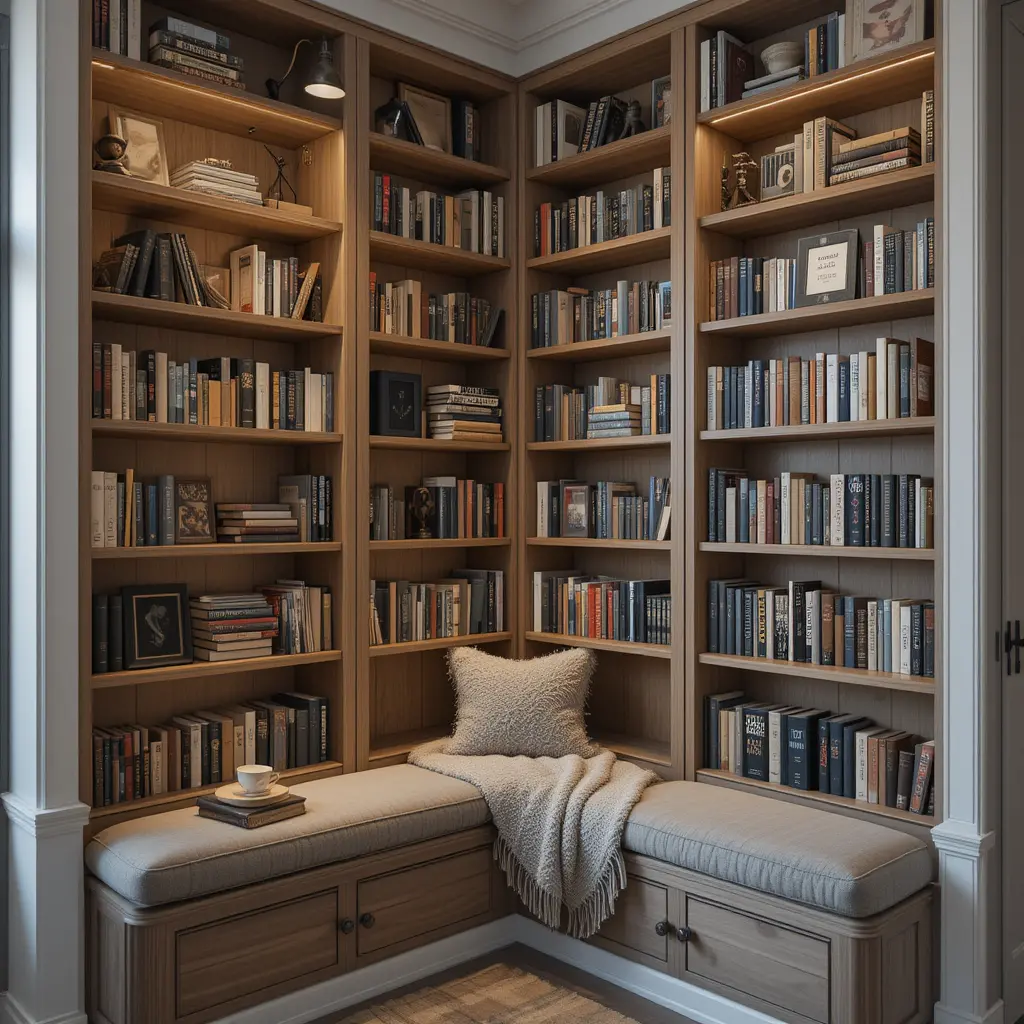 Corner Reading Nook with Built-In Shelves
