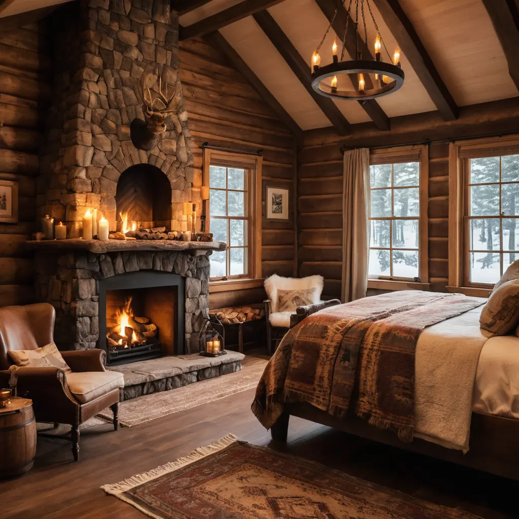 Cozy Cabin Bedroom with a Fireplace