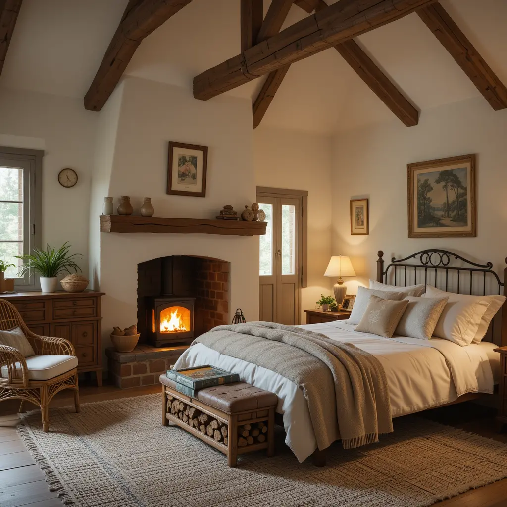 Cozy Cottage Bedroom with a Fireplace
