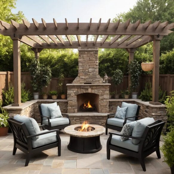 Custom Outdoor Fireplace with Stone Bench Seating 