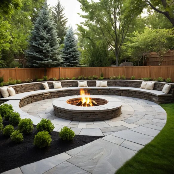 Custom Outdoor Fireplace with Stone Bench Seating