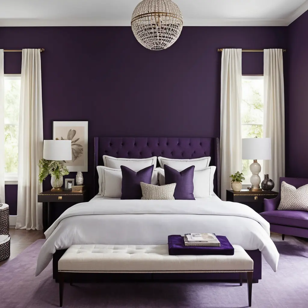Dark Purple Walls with Light Bedding