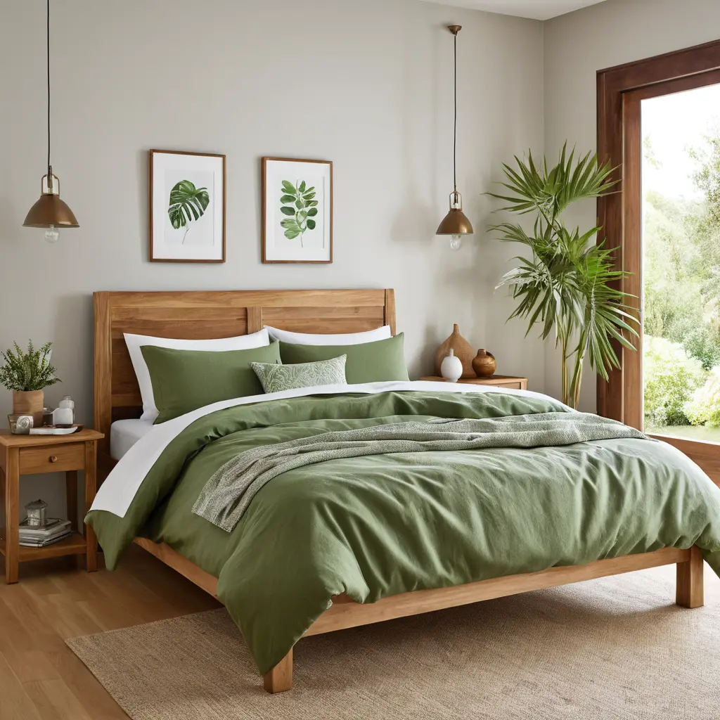 Green Bedding with Wooden Elements