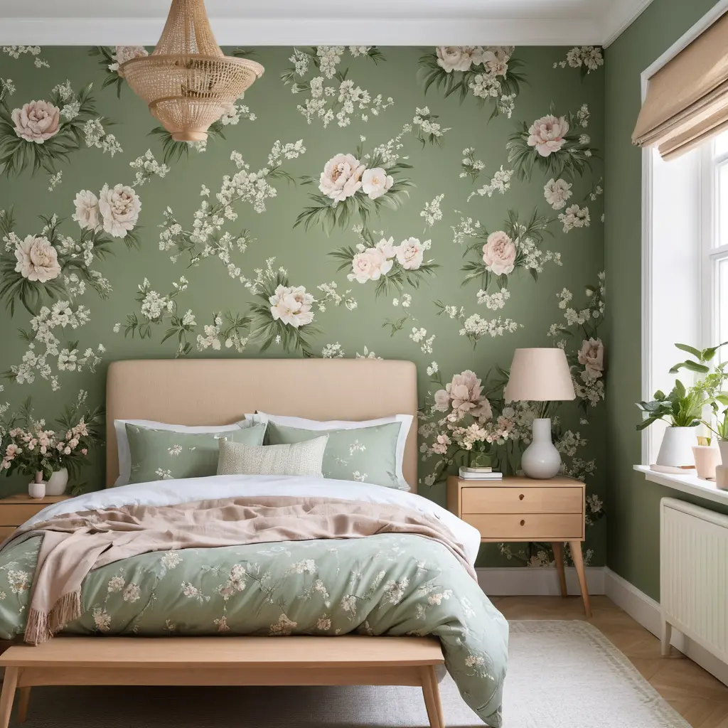 Green Wallpaper with Floral Prints