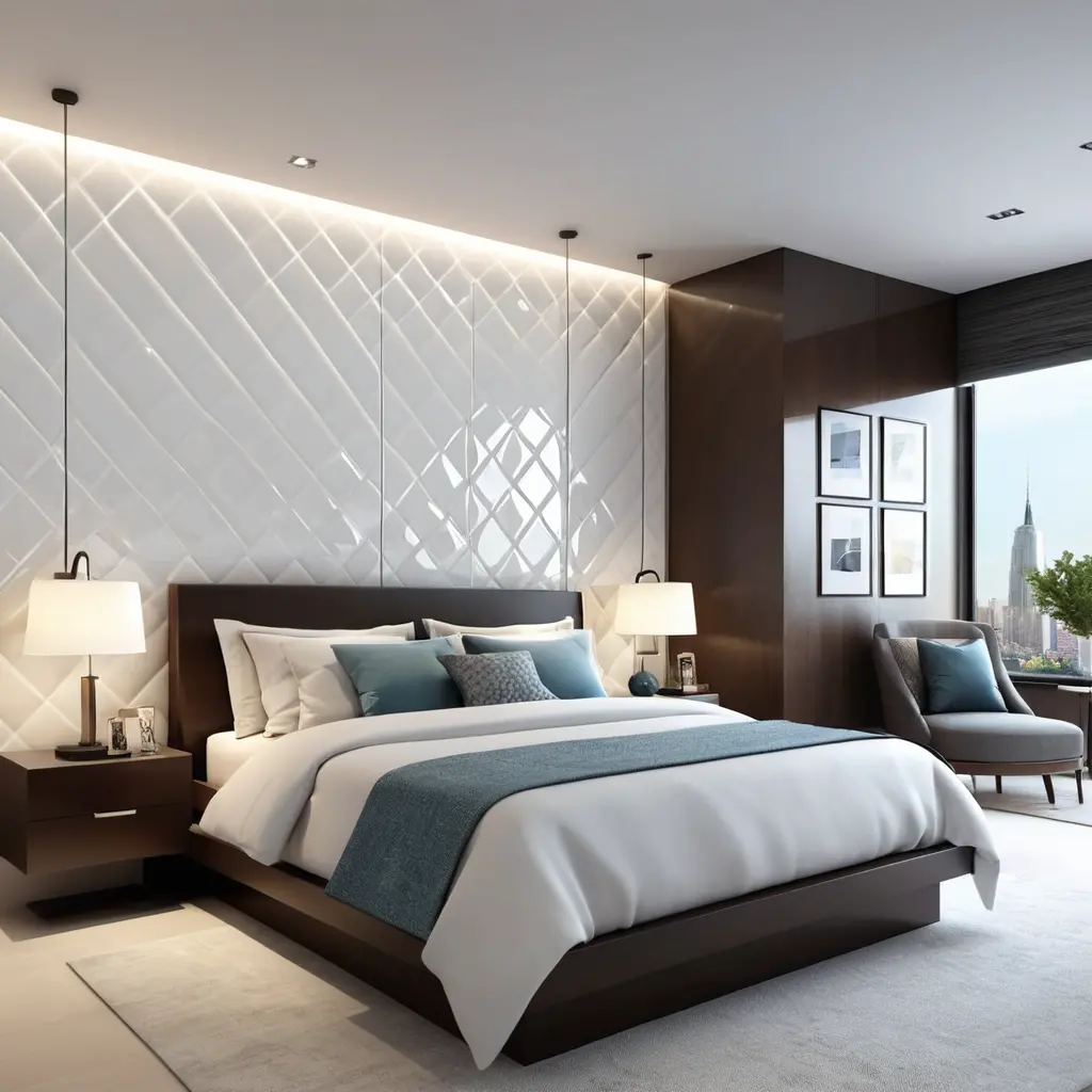 High-Gloss 3D Wall Panels for a Sleek, Modern Bedroom
