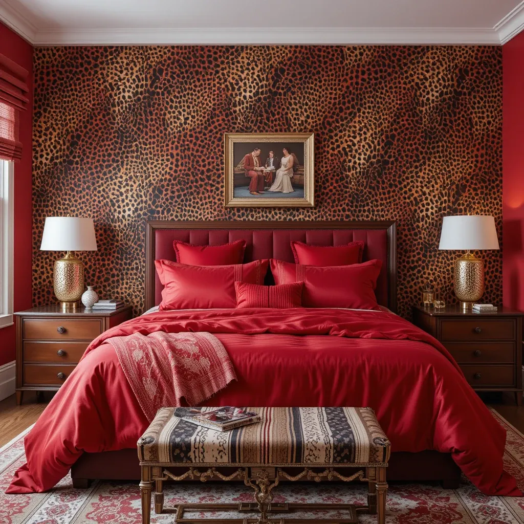 Leopard Print Accent Wall with Red Bedding
