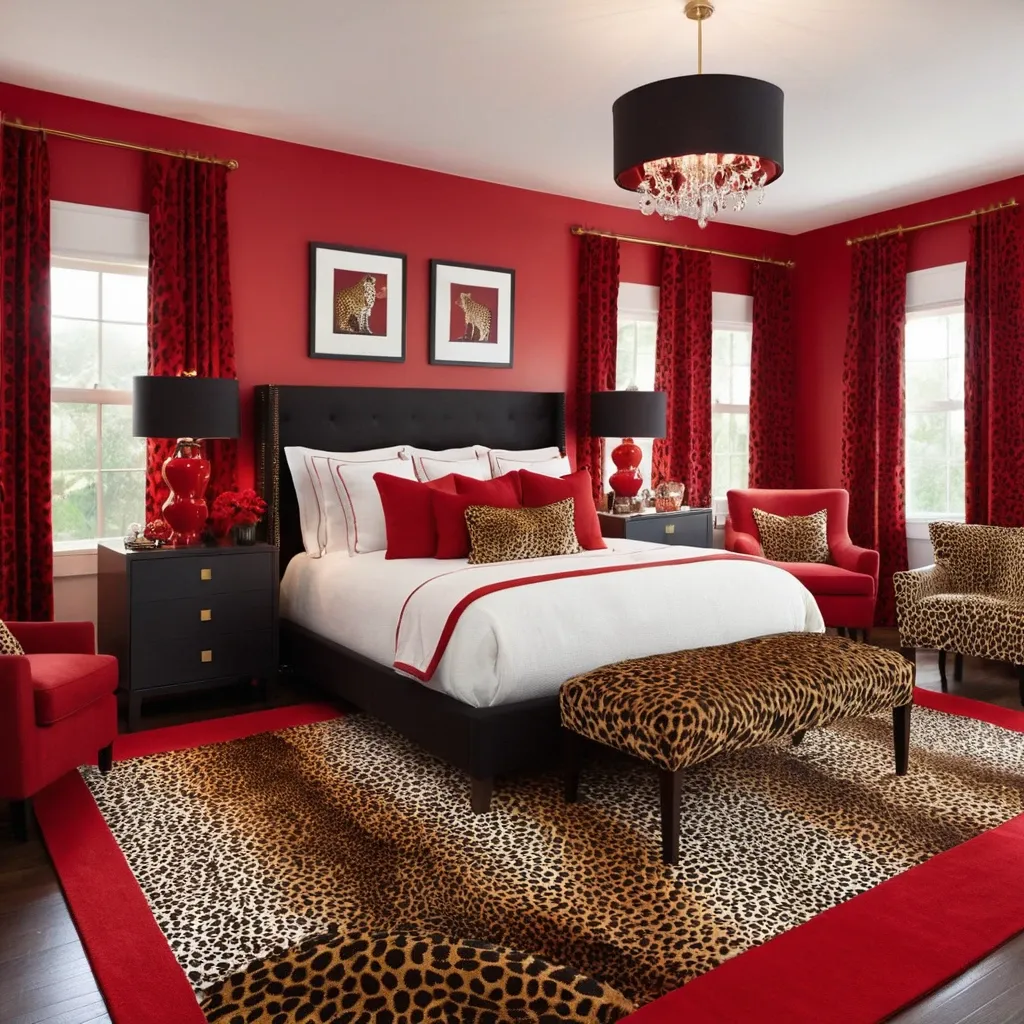 Leopard Print Area Rug with Red Accents