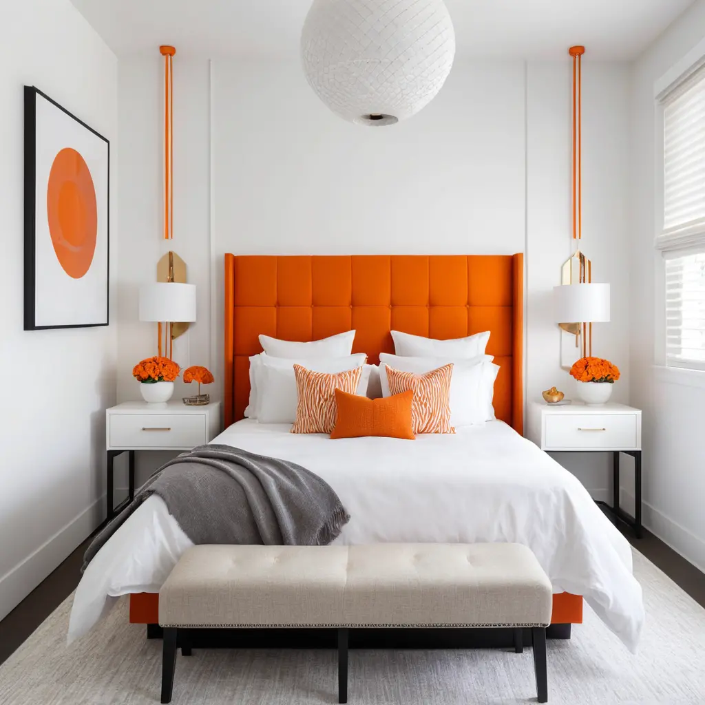 Orange Headboard with White Bed