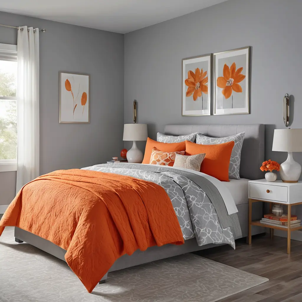 Orange and White Bedding with Gray Walls