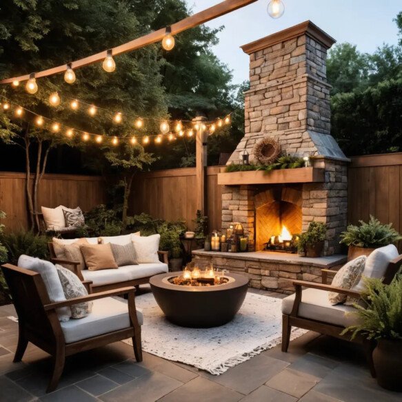 Outdoor Fireplace with Cozy Throw Blankets