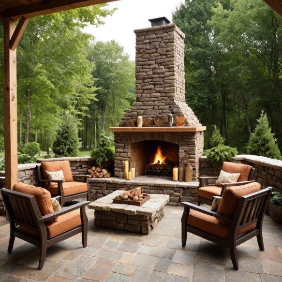 Outdoor Fireplace with Stacked Logs