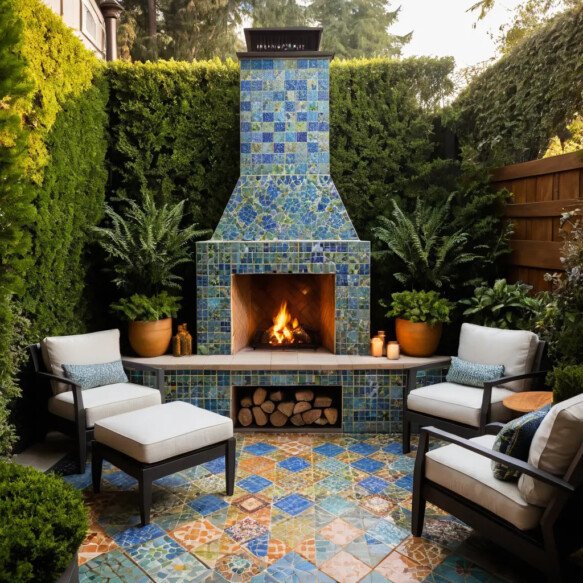 Outdoor Fireplace with Tiled Surround