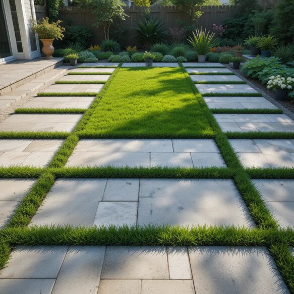 Paver Patio with Green Lawn Insets