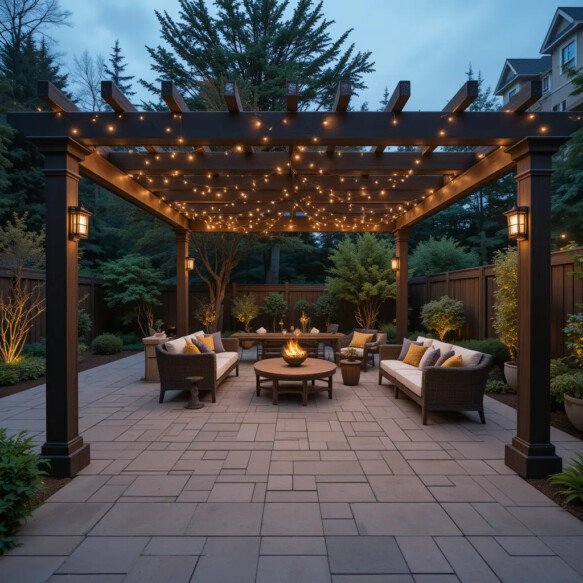 Paver Patio with Pergola and String Lights