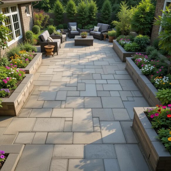 Paver Patio with Raised Garden Beds