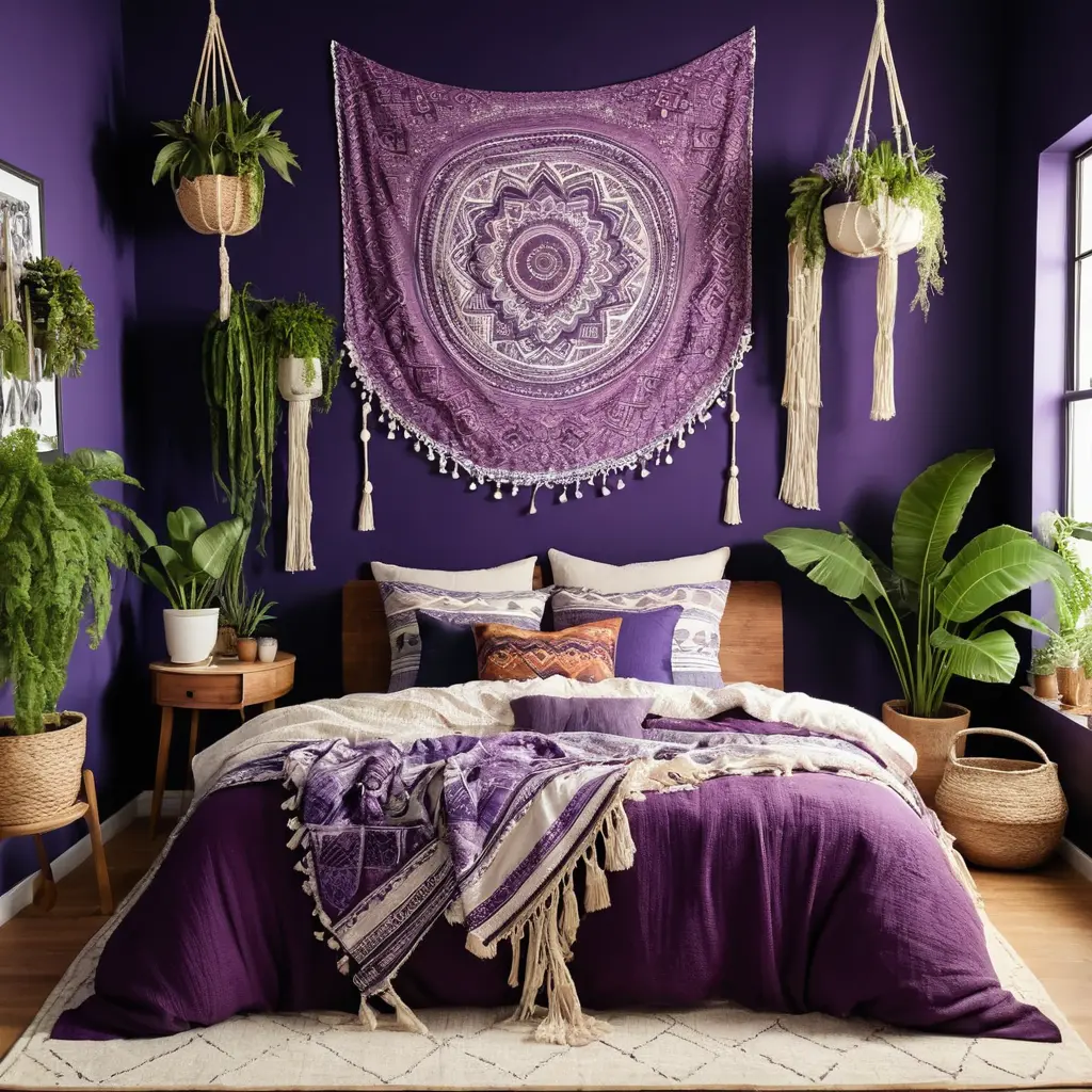 Purple Bedroom with Boho Chic Decor