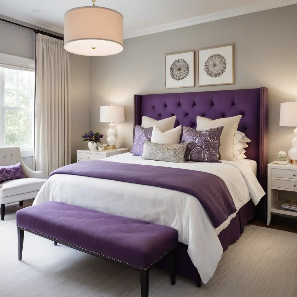 Purple Headboard with Neutral Bedding