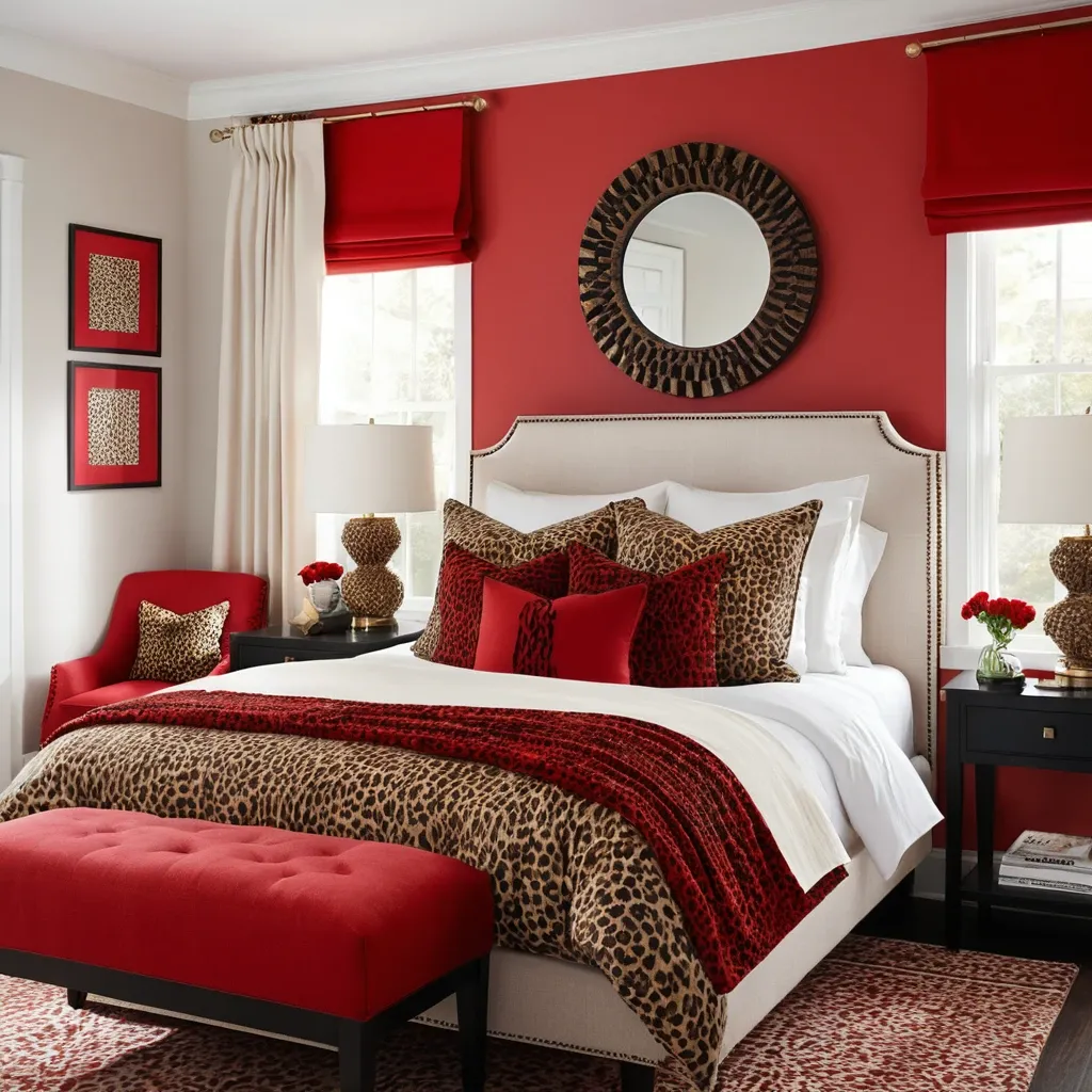 Red and Leopard Throw Pillows on a Neutral Bed