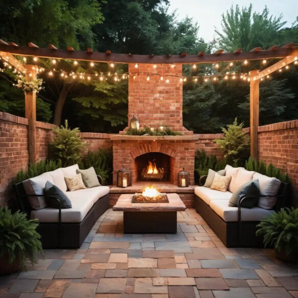 Rustic Brick Fireplace with Seating Wall